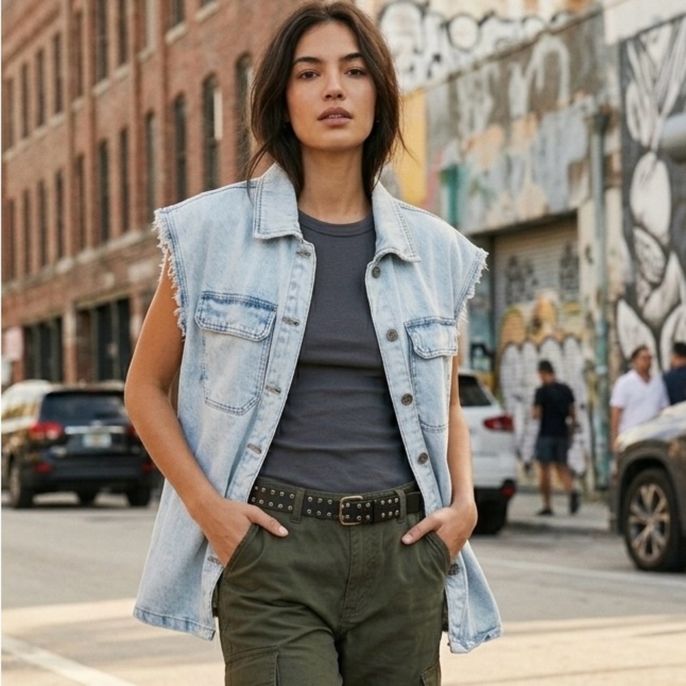 Light Wash Denim Sleeveless Vest with Dark Grey Tank